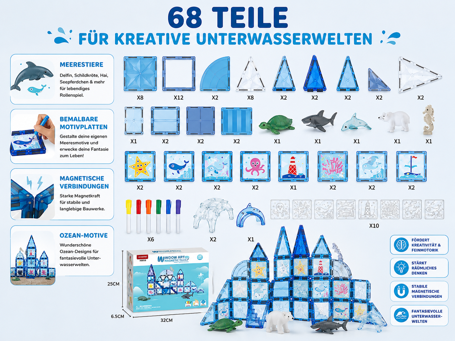 Übersicht aller 68 Teile des Ozean-Magnetbaustein-Sets mit Meerestieren, Motivplatten und Magnetelementen.