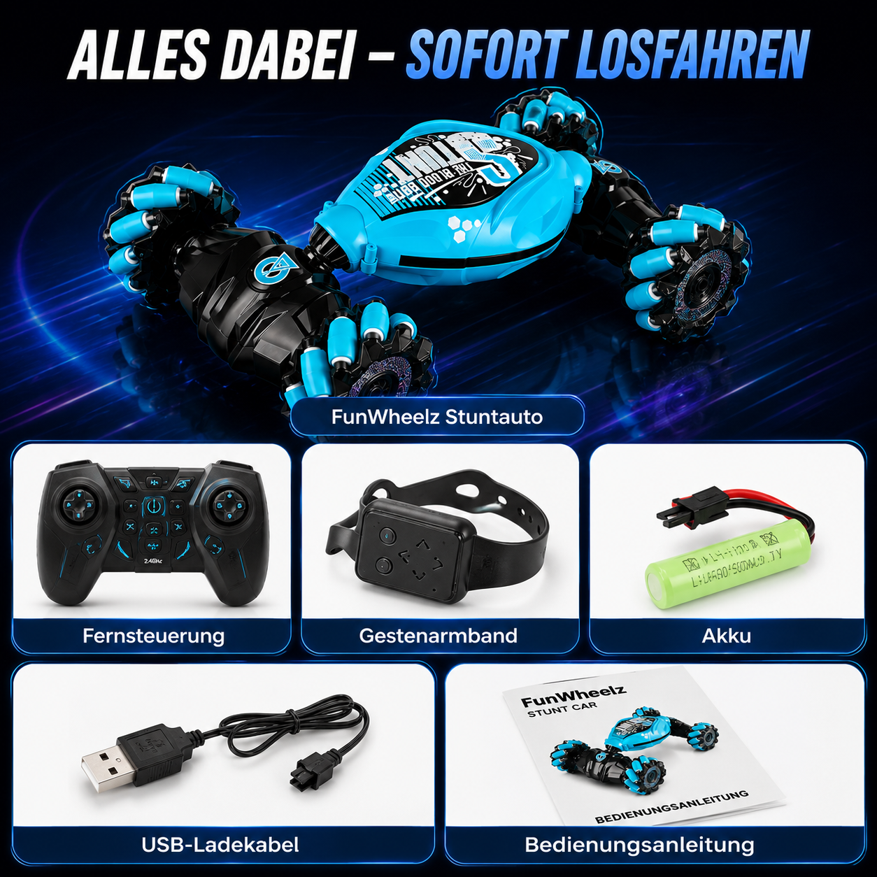 Lieferumfang des FunWheelz RC Stuntautos mit Fernsteuerung, Gestenarmband, Akku und USB-Ladekabel