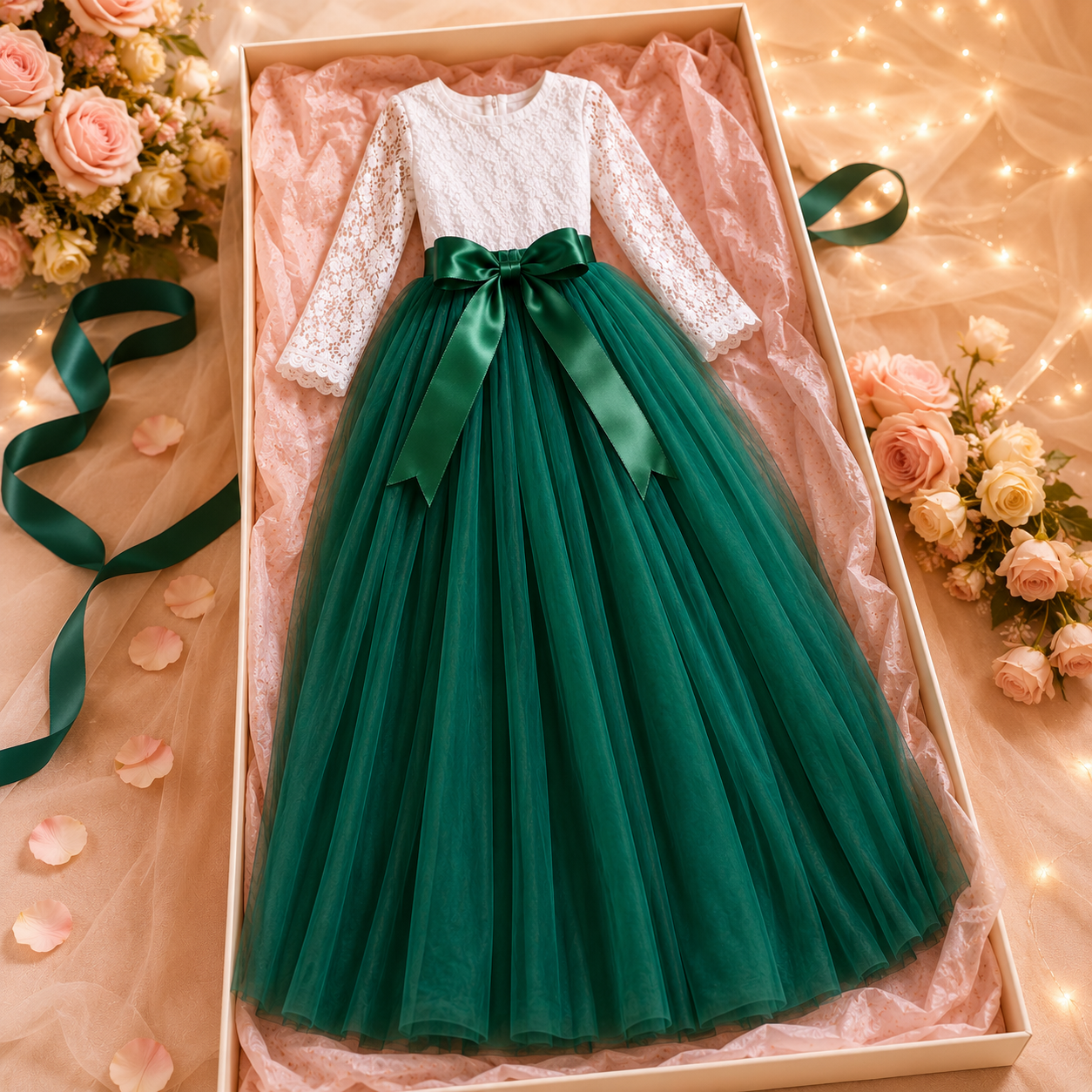 Prinzessinnenkleid Sylvara in eleganter Geschenkbox mit roséfarbenem Seidenpapier und Satinband