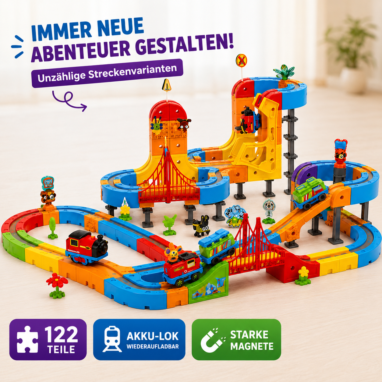 Aufgebaute Magnetwelt Abenteuerbahn mit Brücken, Rampen, Magnetschienen und Lokomotive.