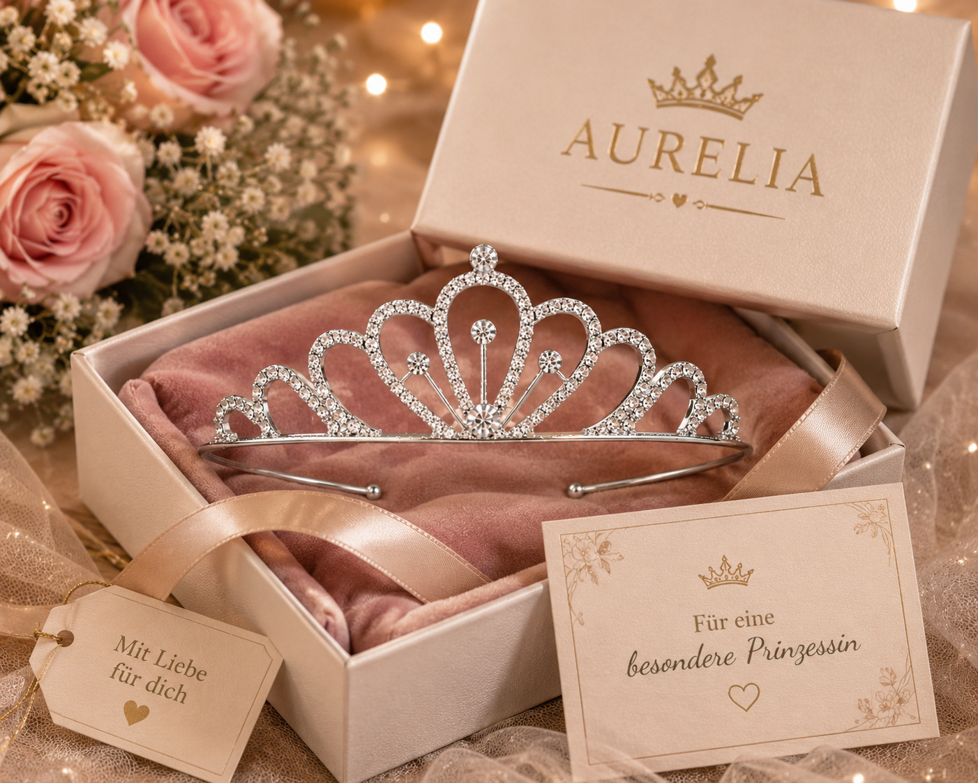 Tiara Aurelia – Verpackung und Präsentation der silbernen Kristall-Tiara