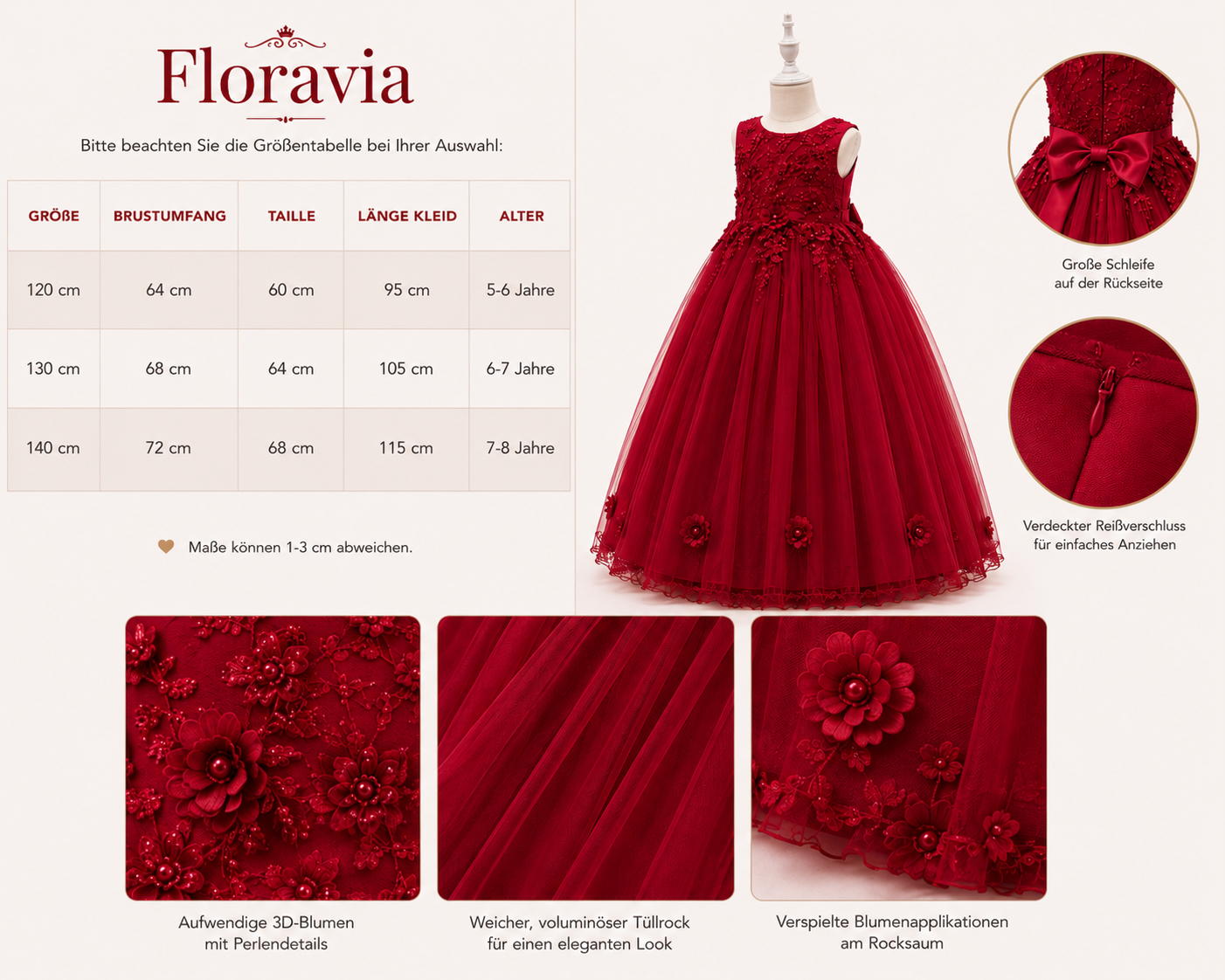 Floravia Mädchenkleid mit Größentabelle, floralen Stickereien, 3D-Blumenapplikationen und Tülldetails