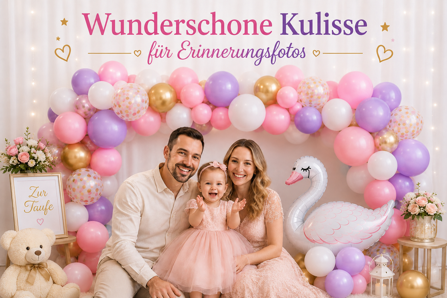 Familie vor Schwan Ballongirlande als Fotokulisse für Babyshower, Taufe und besondere Anlässe.