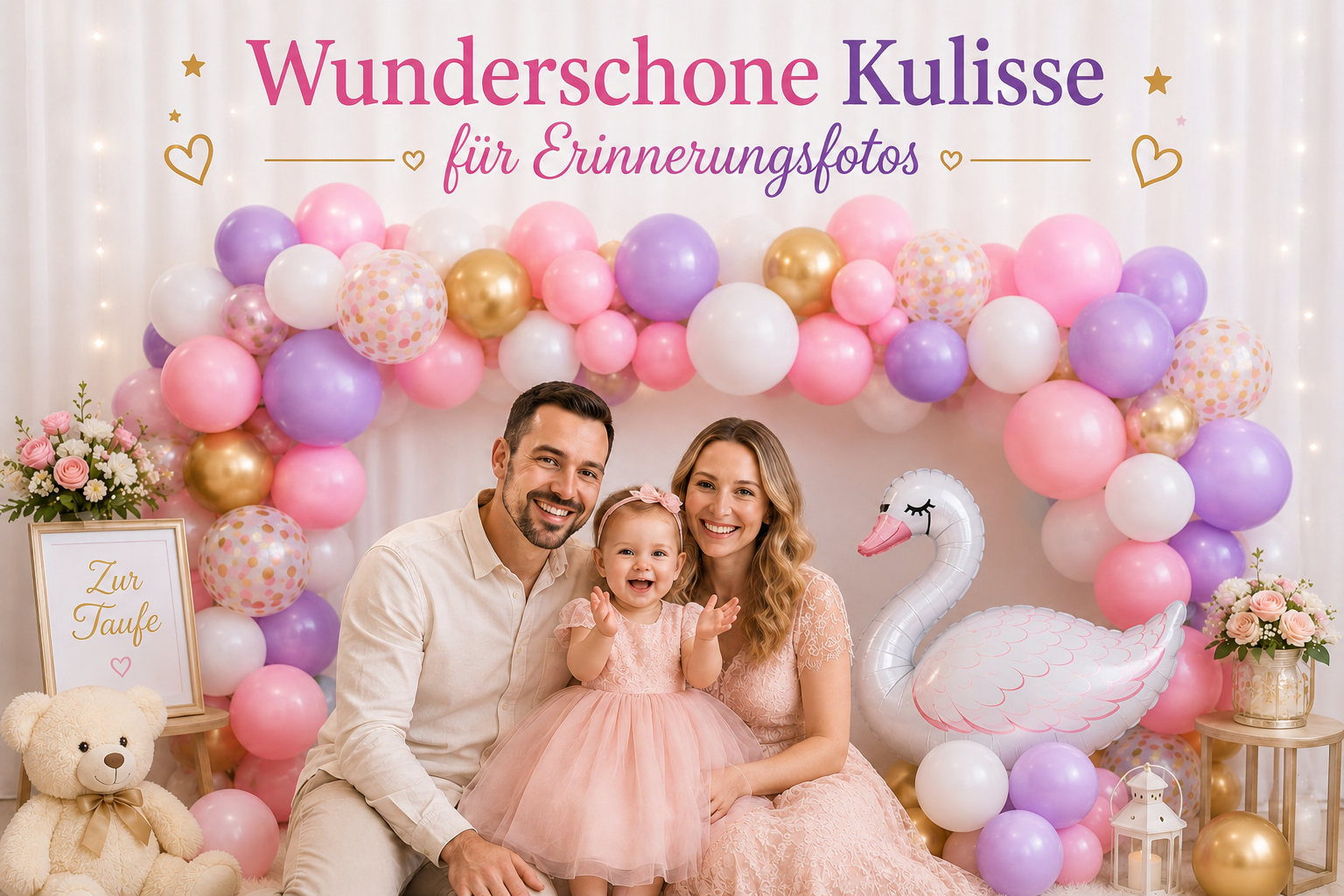 Familie vor Schwan Ballongirlande als Fotokulisse für Babyshower, Taufe und besondere Anlässe.