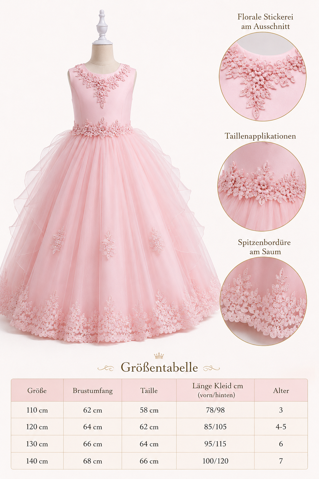 Rosa Elegance Festkleid mit floralen Stickereien, Detailansichten und Größentabelle