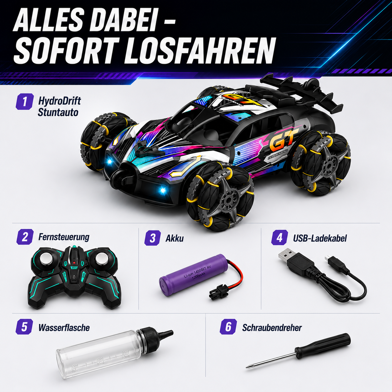 Lieferumfang des HydroDrift Stuntautos mit Fernsteuerung, Akku, USB-Ladekabel, Wasserflasche und Schraubendreher