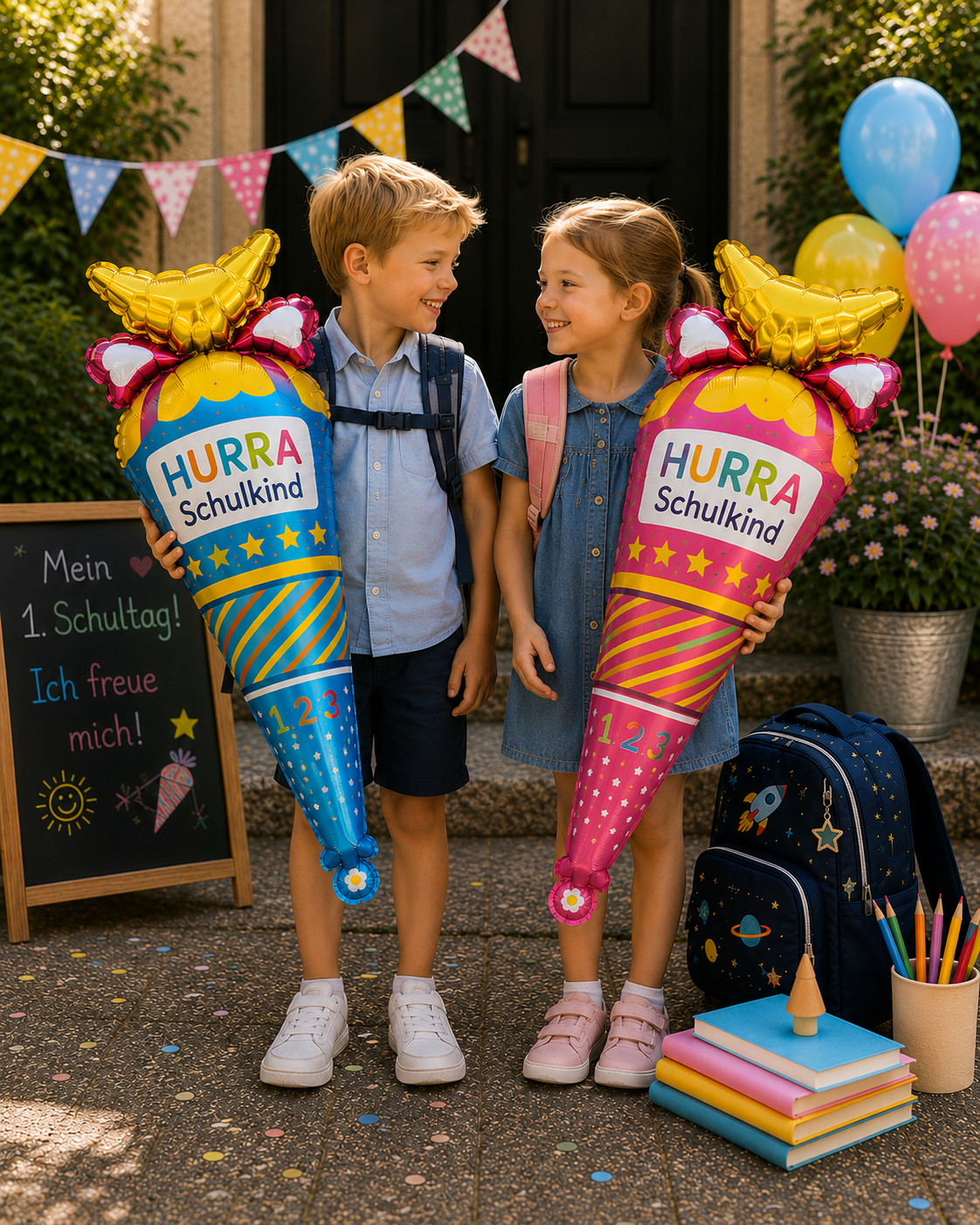Einschulung Deko mit Hurra Schulkind Schultütenballon für Jungen und Mädchen am ersten Schultag mit Schulranzen.