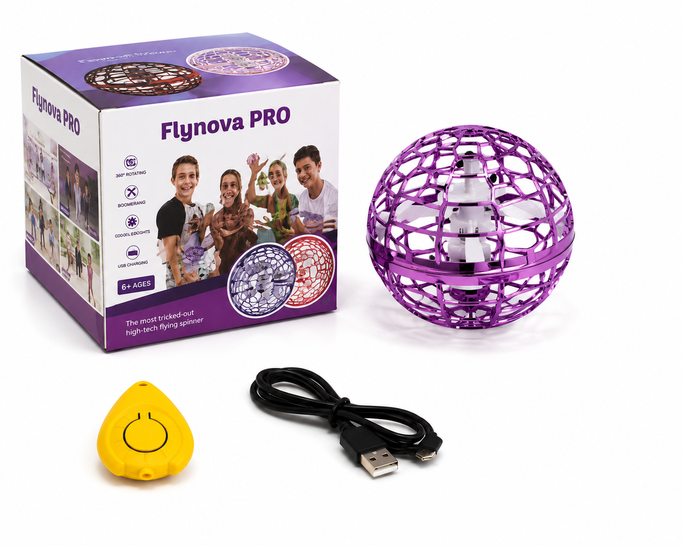 Lieferumfang des Magic Flight Balls mit Flugball, USB-Ladekabel, Fernbedienung und Verpackung