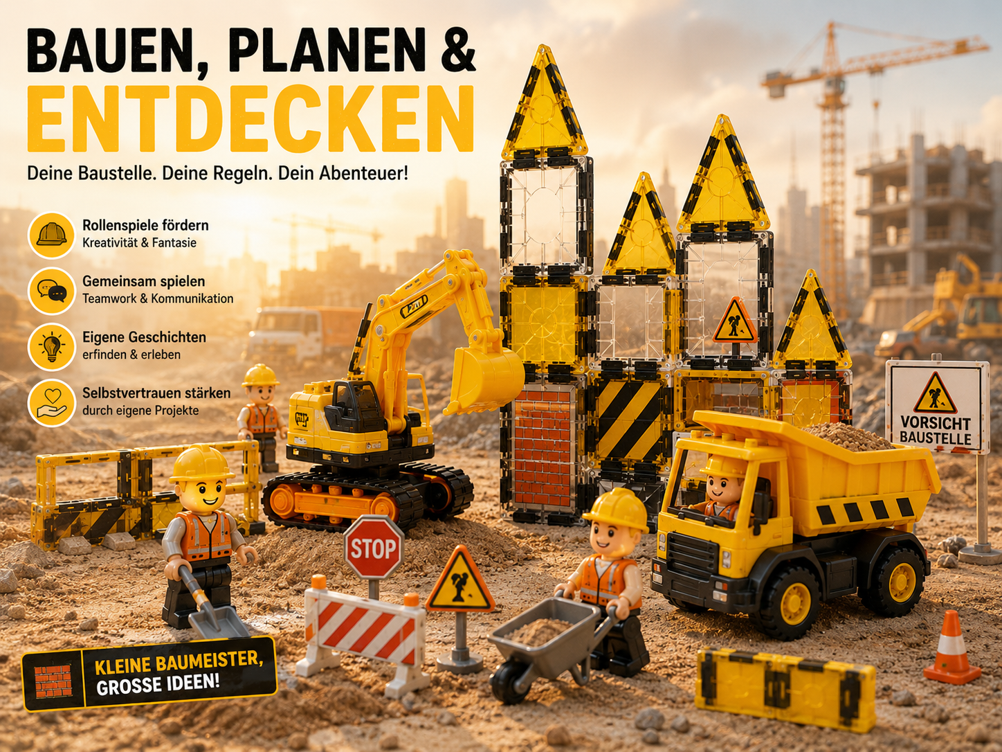 Bauarbeiter, Bagger und Kipplaster auf einer Magnetbaustein-Baustelle für kreative Rollenspiele und Bauabenteuer.
