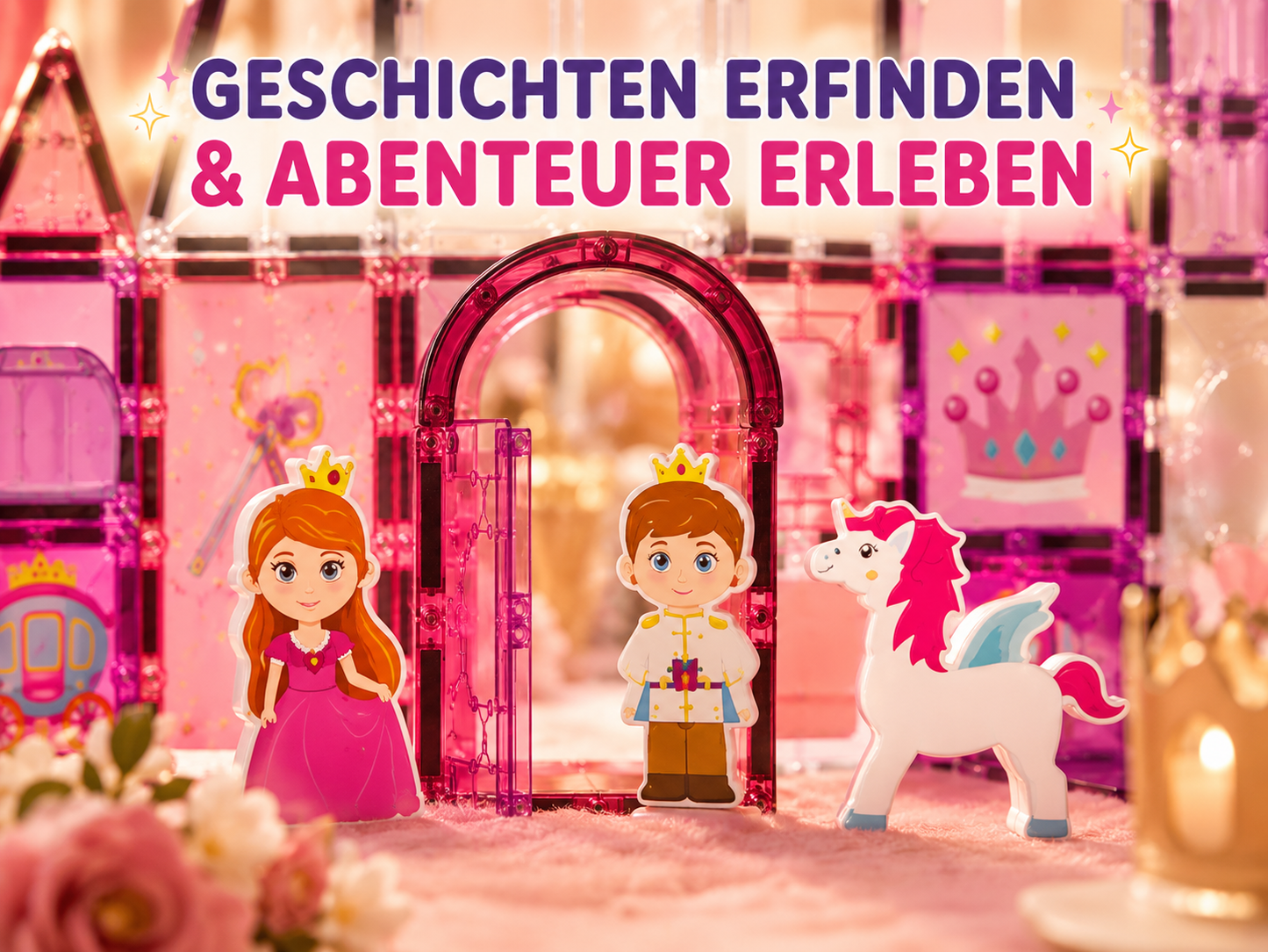 Prinzessin, Prinz und Einhorn vor dem Schlosstor eines märchenhaften Magnetbaustein-Schlosses.