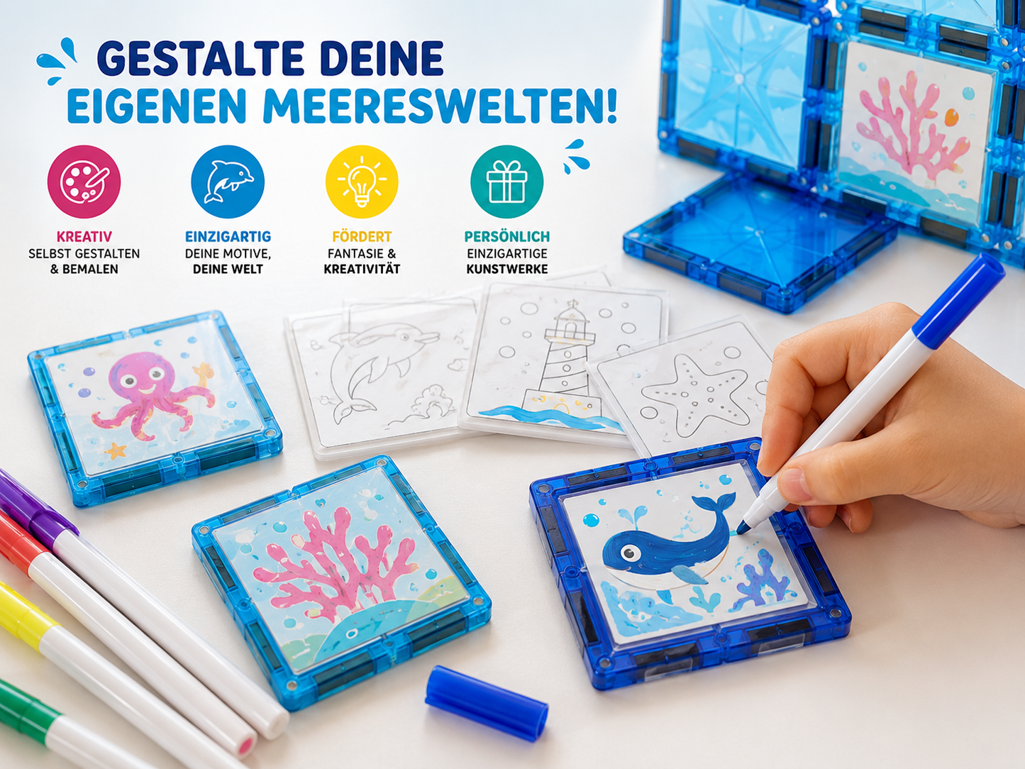 Hand bemalt eine Motivplatte des Ozean-Magnetbaustein-Sets mit Delfin-, Korallen- und Unterwasser-Motiven.