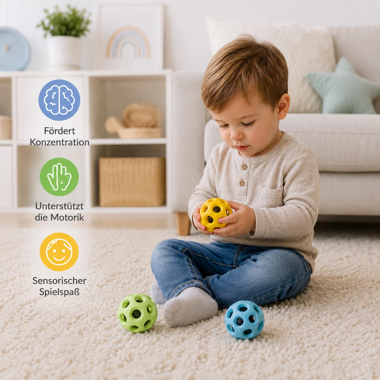 Kind spielt mit Sensorik-Bällen im Wohnzimmer und trainiert Konzentration und Feinmotorik.