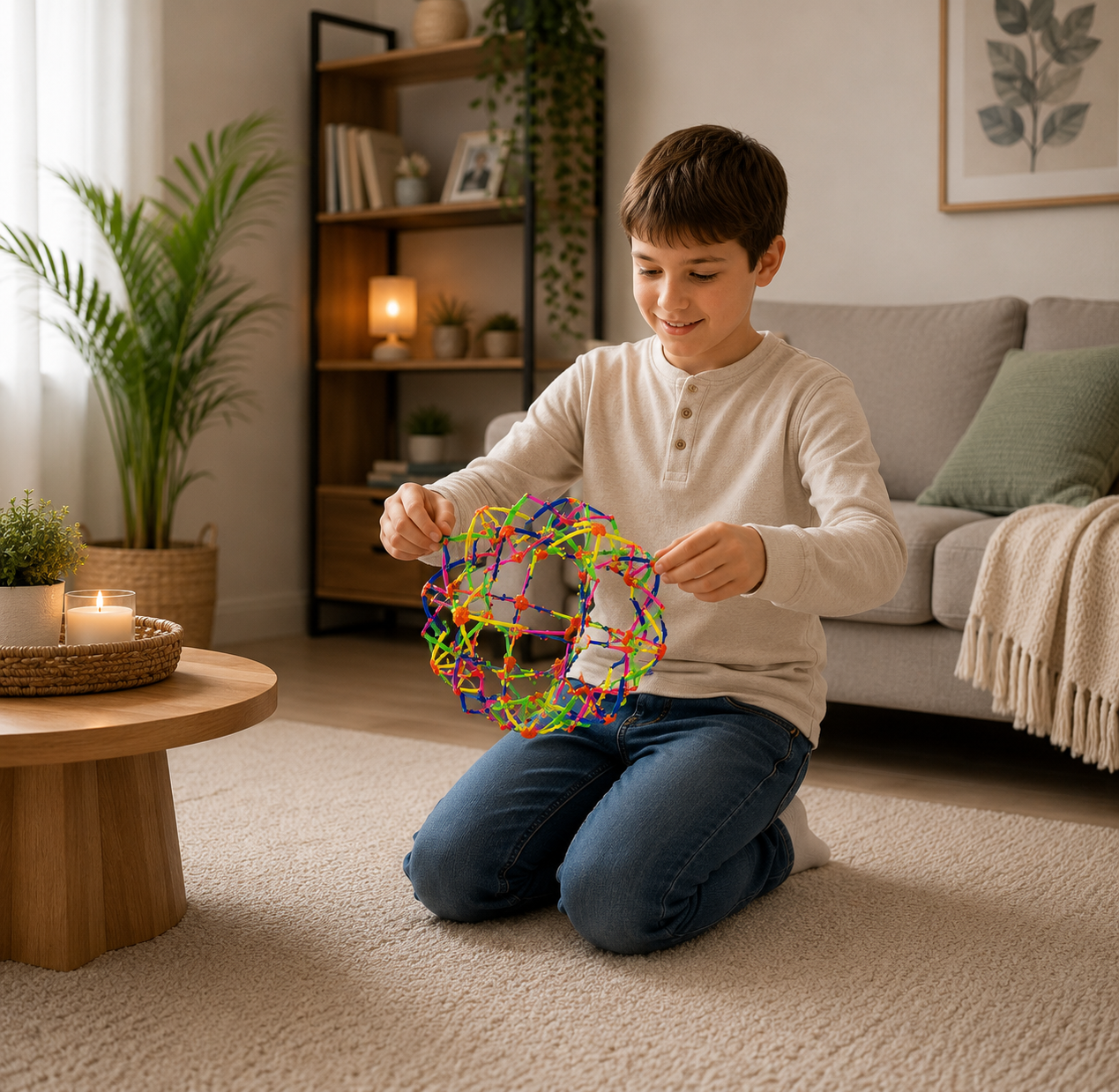 Kind entfaltet einen bunten Expandable Ball im Wohnzimmer als Sensorik- und Beschäftigungsspielzeug.