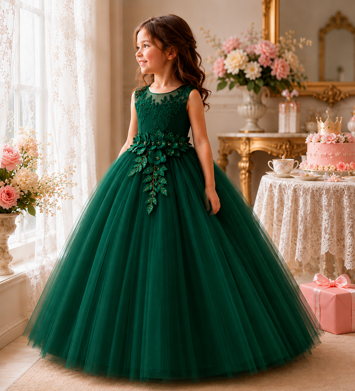 Mädchen im dunkelgrünen Florélia Prinzessinnenkleid in eleganter Boutique-Atmosphäre