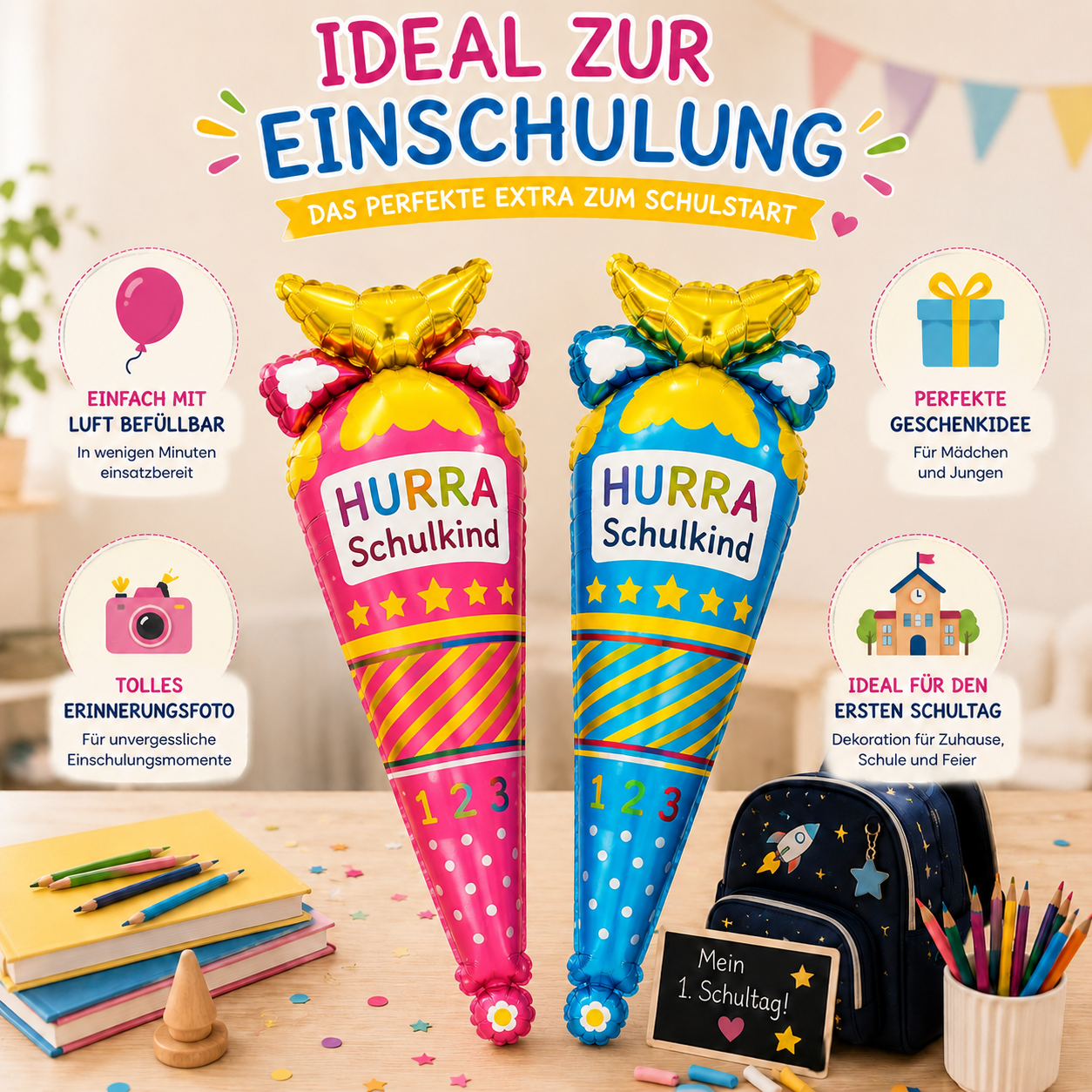 Hurra Schulkind Folienballon als Geschenk und Dekoration zur Einschulung für Mädchen und Jungen.