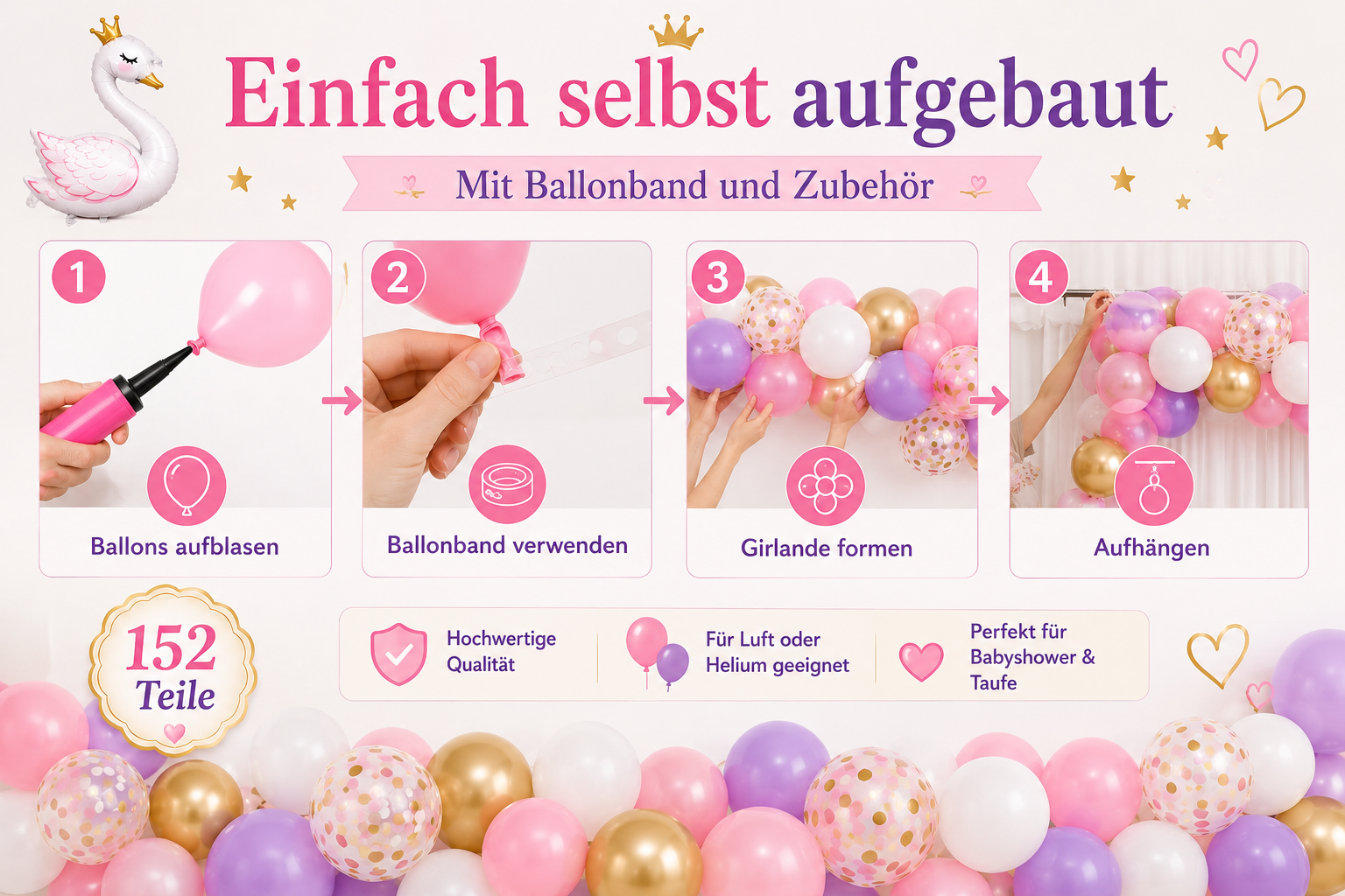 Schwan Ballongirlande mit Ballonband und Zubehör einfach selbst aufbauen.