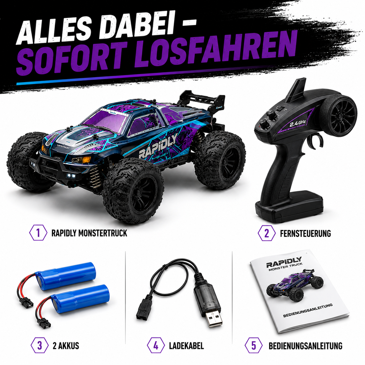 Lieferumfang des Rapidly RC Monstertrucks mit Fernsteuerung, Akkus und Ladekabel