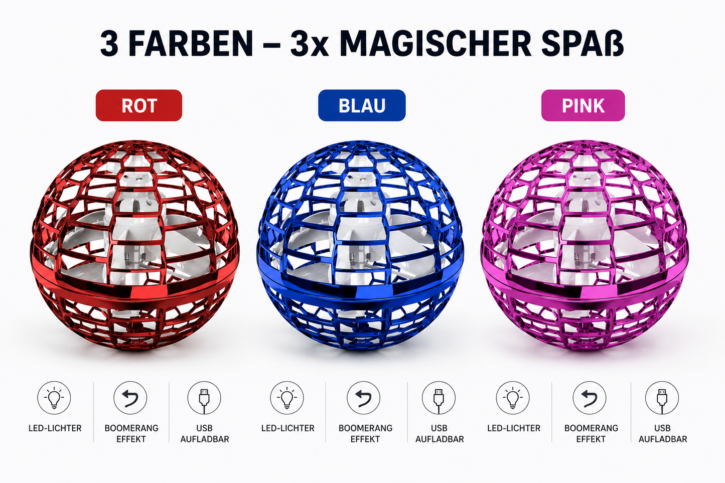 Magic Flight Ball in Rot, Blau und Pink – Farbvarianten im direkten Vergleich