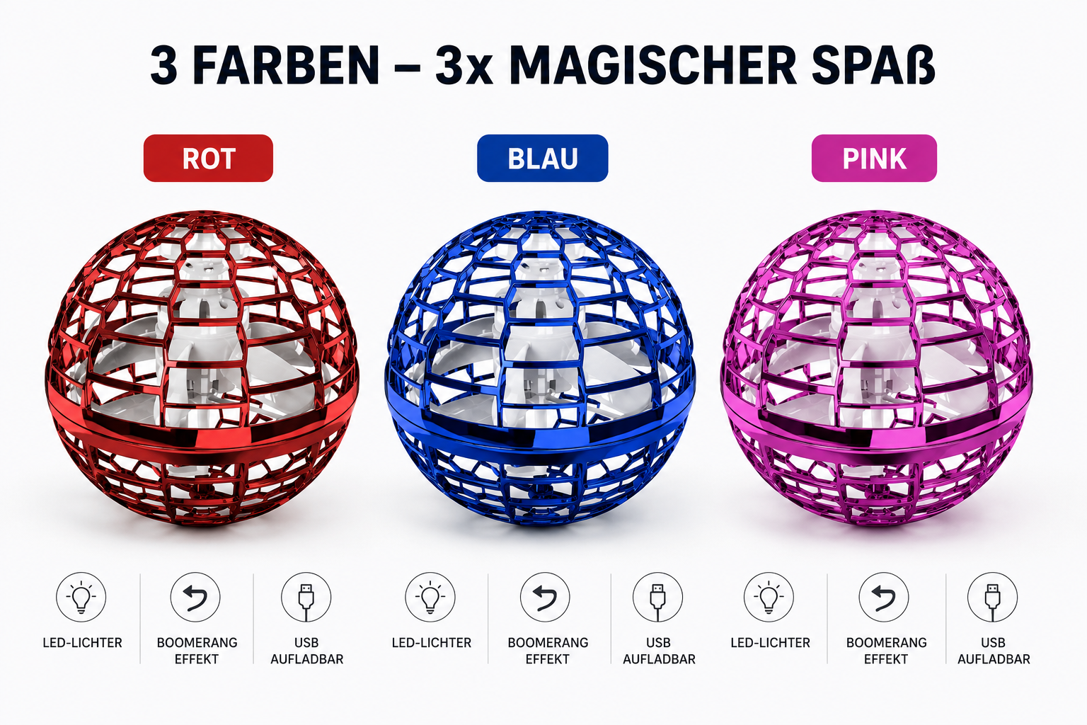Magic Flight Ball in Rot, Blau und Pink – Farbvarianten im direkten Vergleich