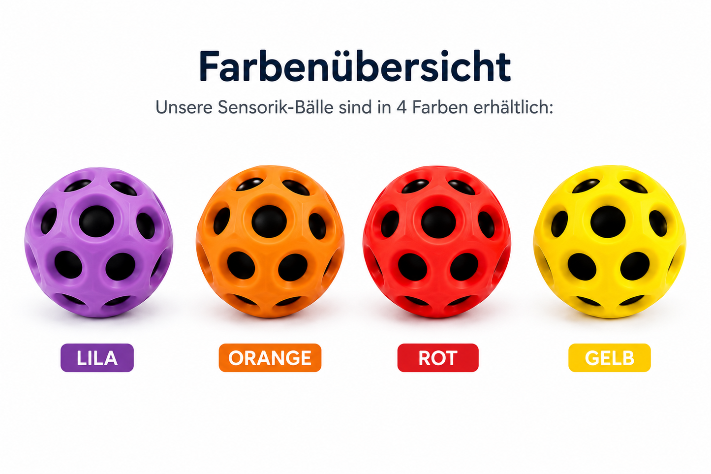 Sensorik-Bälle in den Farben Lila, Orange, Rot und Gelb im Überblick.