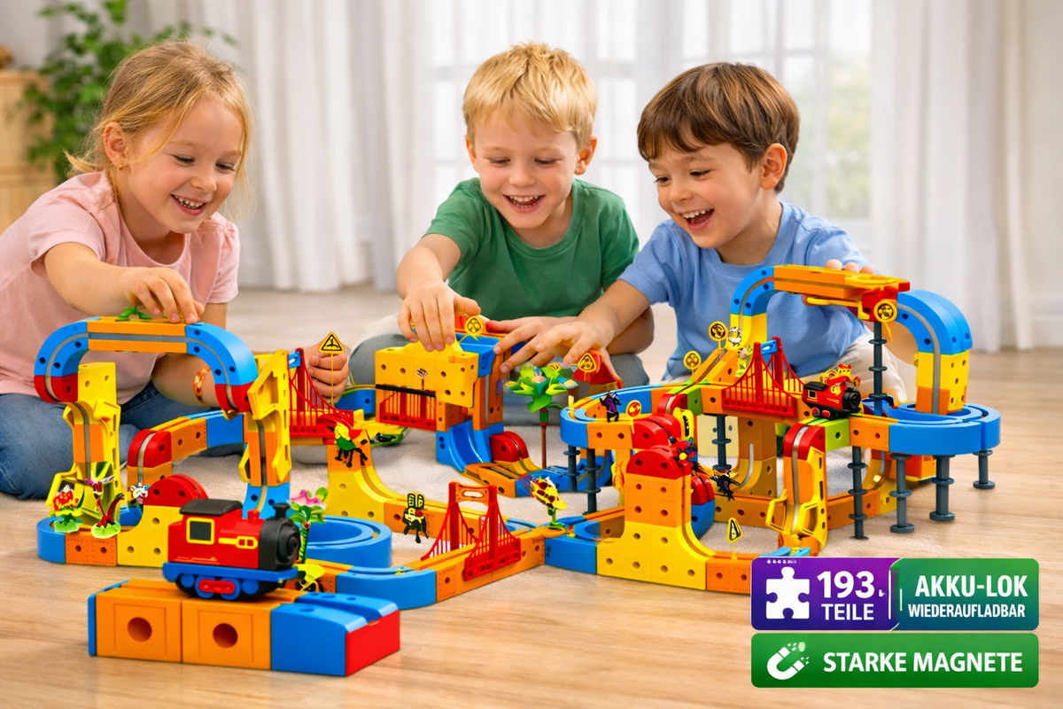 Kinder spielen mit Magnetwelt Abenteuerbahn und bauen eigene Eisenbahnstrecken.