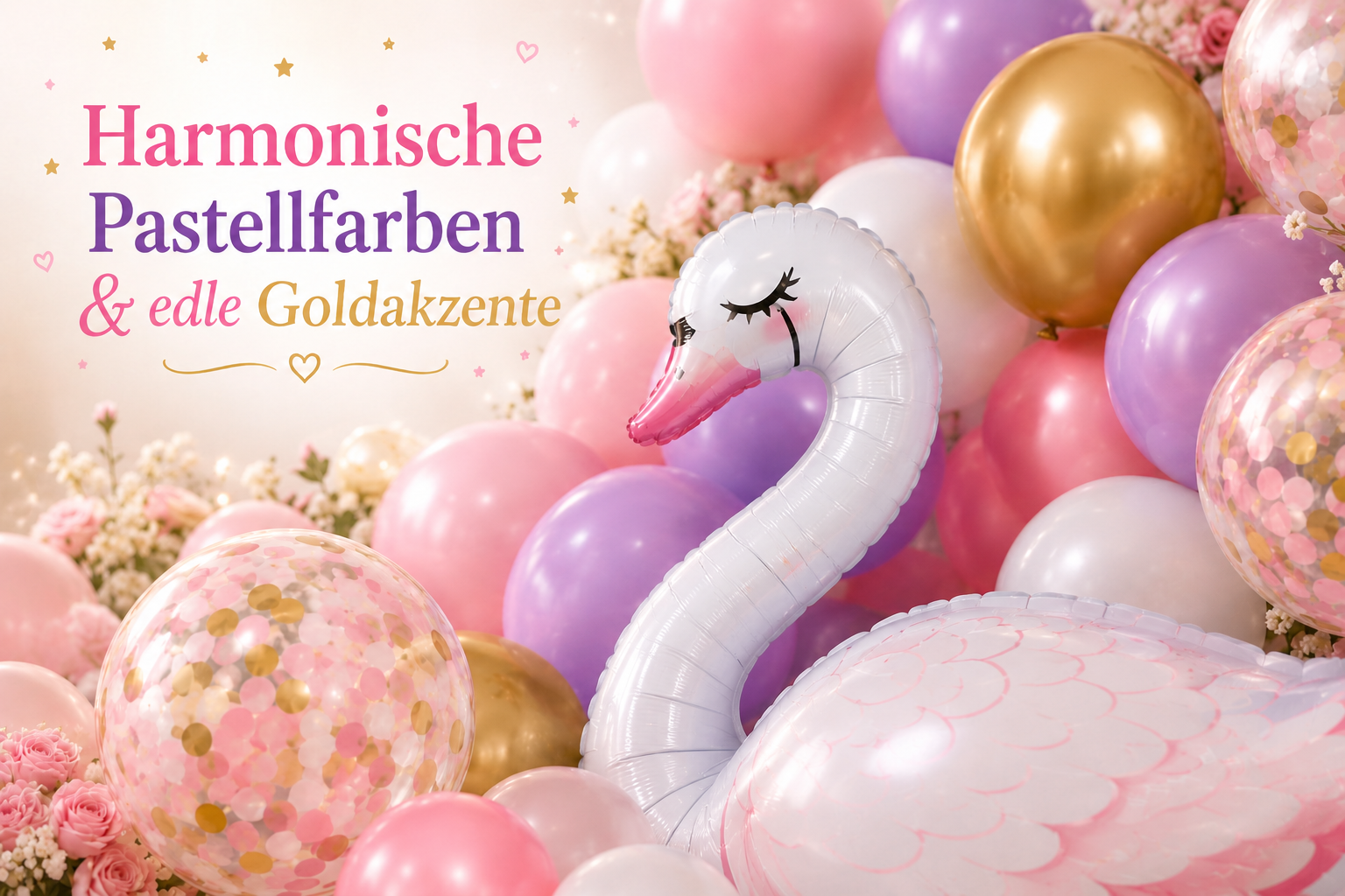 Schwan Folienballon mit Pastellballons und goldenen Metallic-Ballons als elegante Partydekoration.