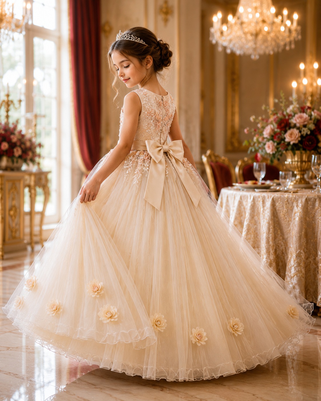 Mädchen im beigen Floravia Festkleid mit floraler Spitze und elegantem Tüllrock in luxuriösem Ambiente