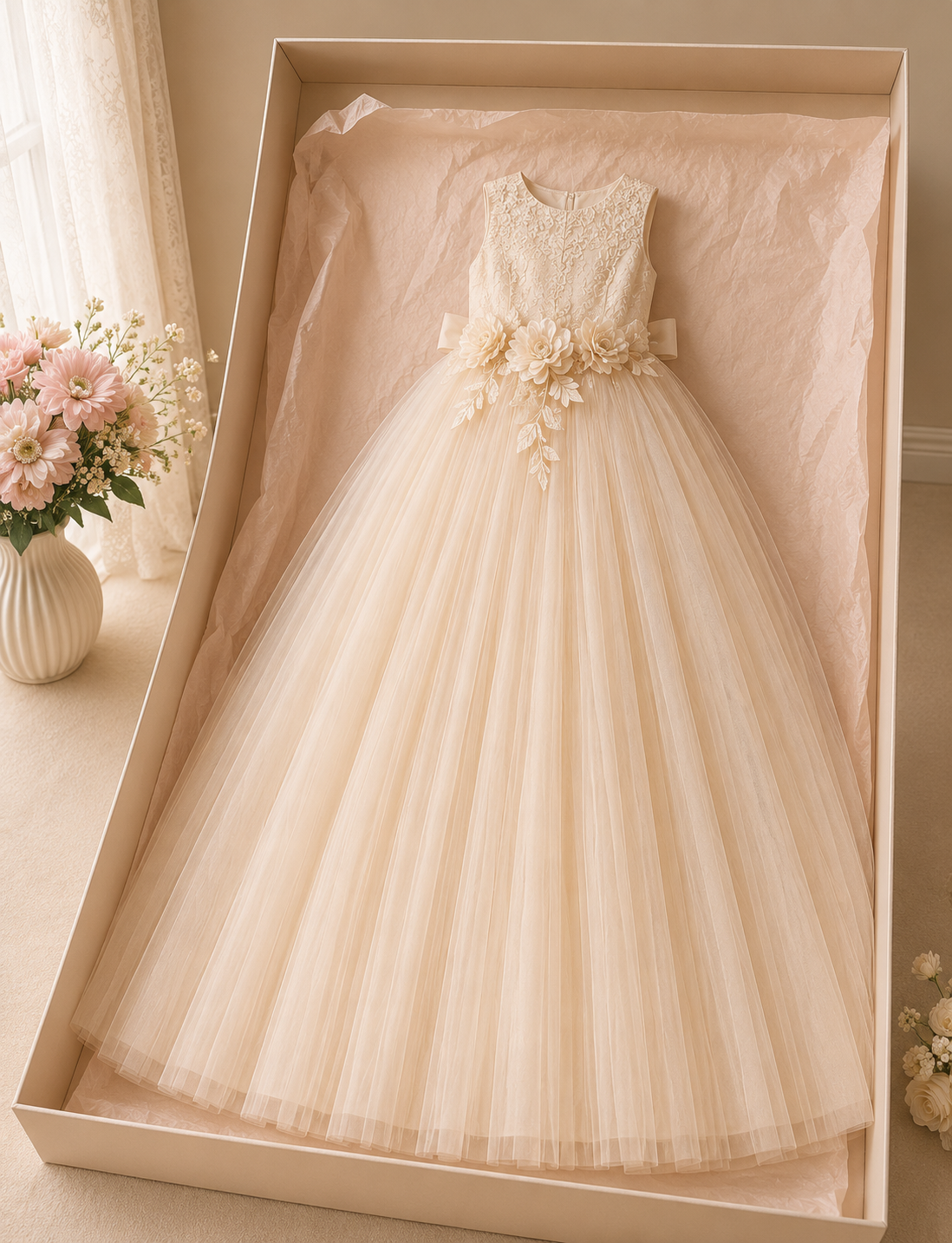 Florélia Prinzessinnenkleid in hellem Beige als luxuriöse Geschenkpräsentation in eleganter Geschenkbox