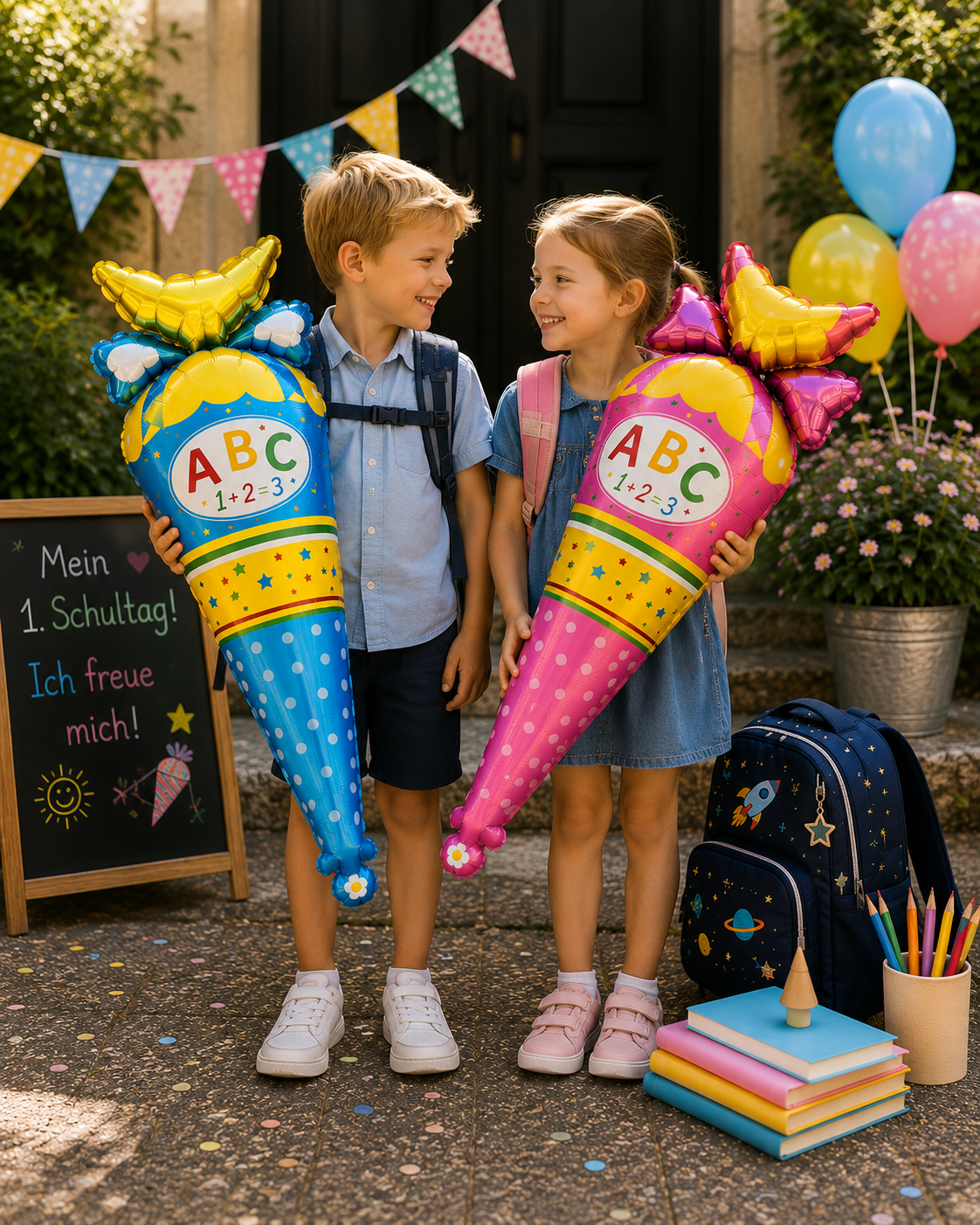 Kinder mit Einschulungsballon Schultüte beim ersten Schultag.