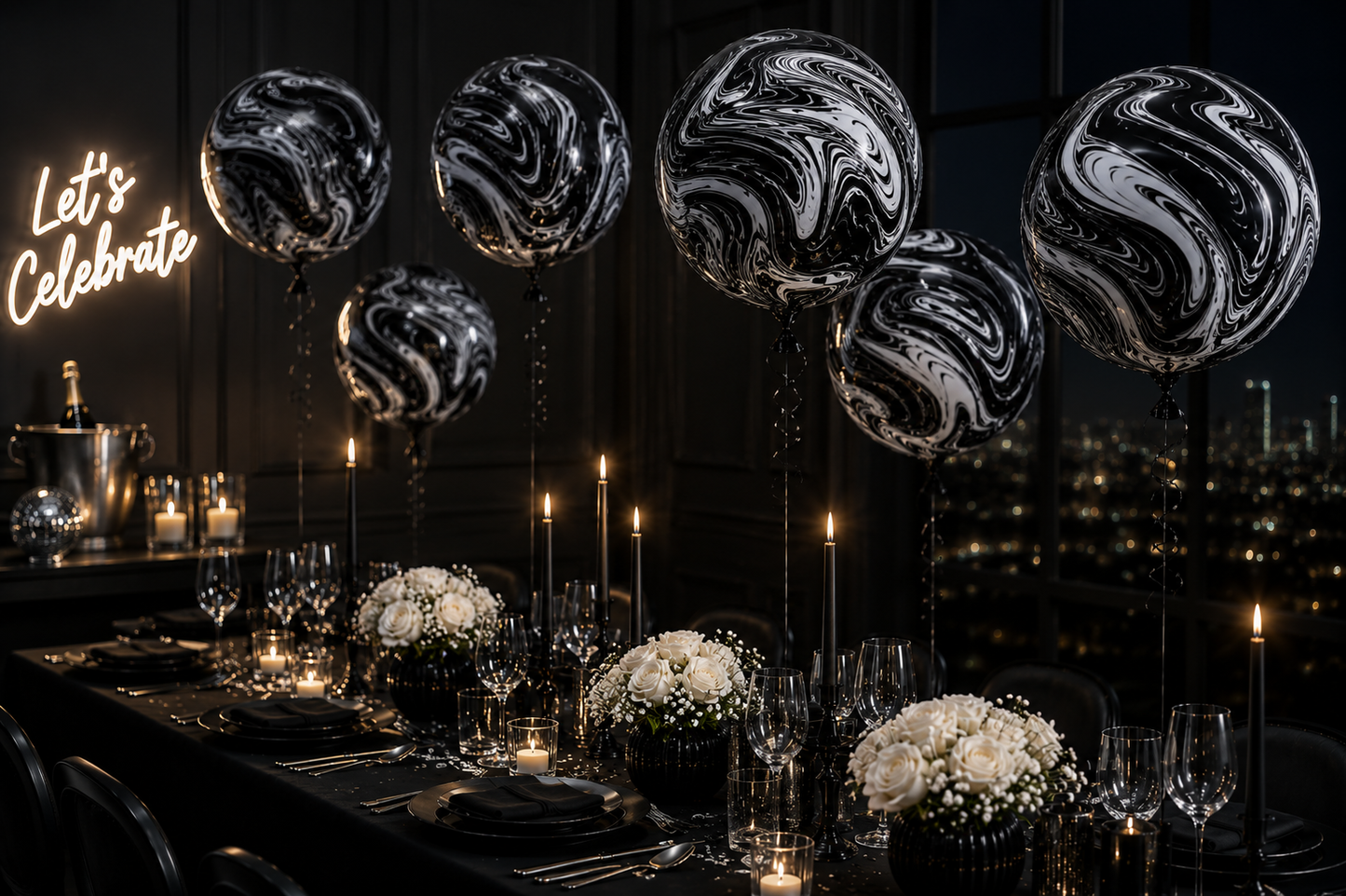 Schwarze Marmor Luftballons für Silvester und Gala.