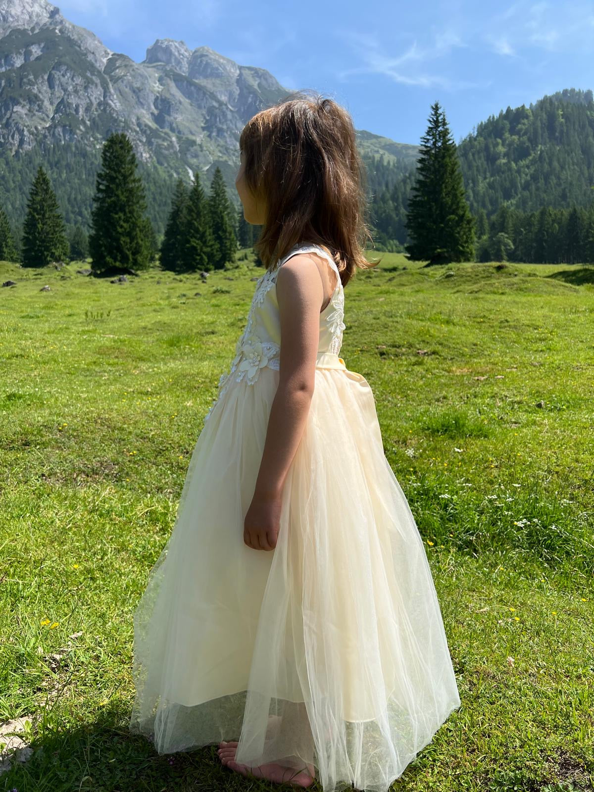Mädchen im beigen Florélia Prinzessinnenkleid mit Tüllrock und floralen Applikationen in Berglandschaft