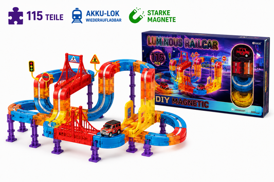 MagicLight Magnetbahn Set mit allen Bauteilen und Originalverpackung, farbenfrohe magnetische Streckenteile.