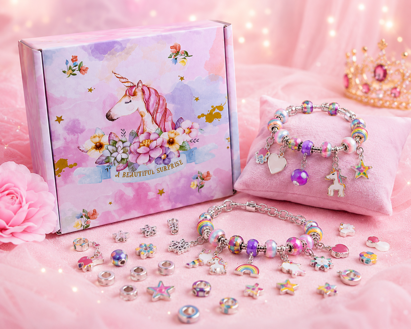Einhorn Charm-Armband Bastelset A Beautiful Surprise – bunte Perlen, Charms & Armbänder für Kinder