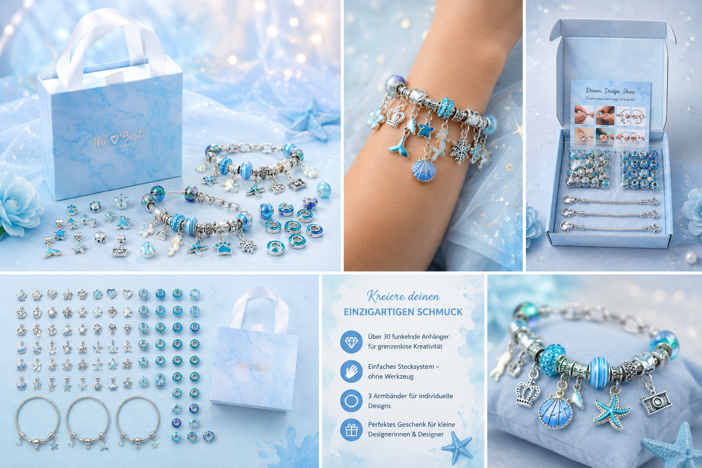 Charm-Armband Bastelset Glitzerringe blau – kreatives Schmuckset für Kinder