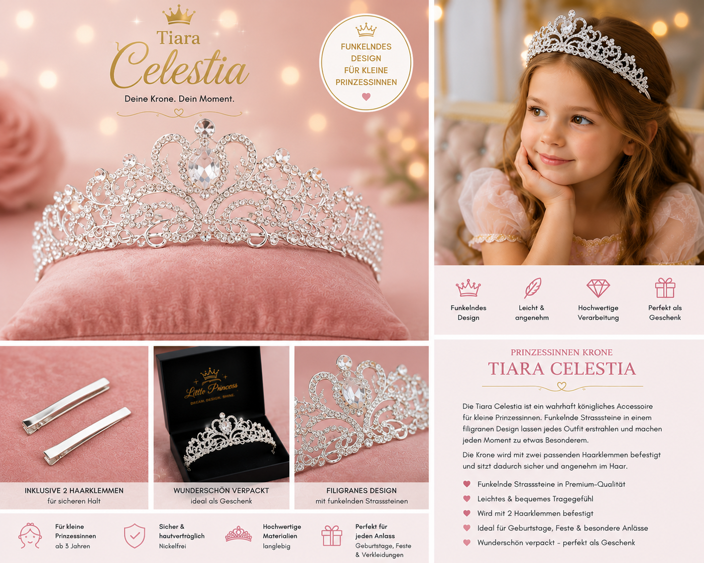 Tiara Celestia Produktdetails – Maße, Kristallsteine und Tragebeispiel