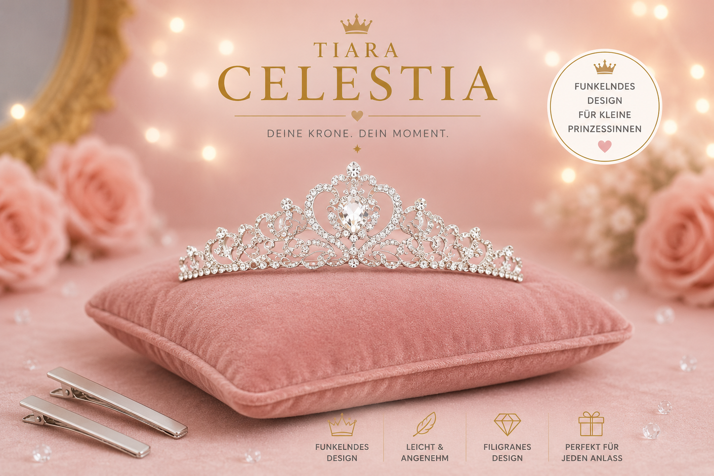Tiara Celestia auf rosa Kissen mit Haarklemmen – funkelnde Prinzessinnen Krone in Silberoptik
