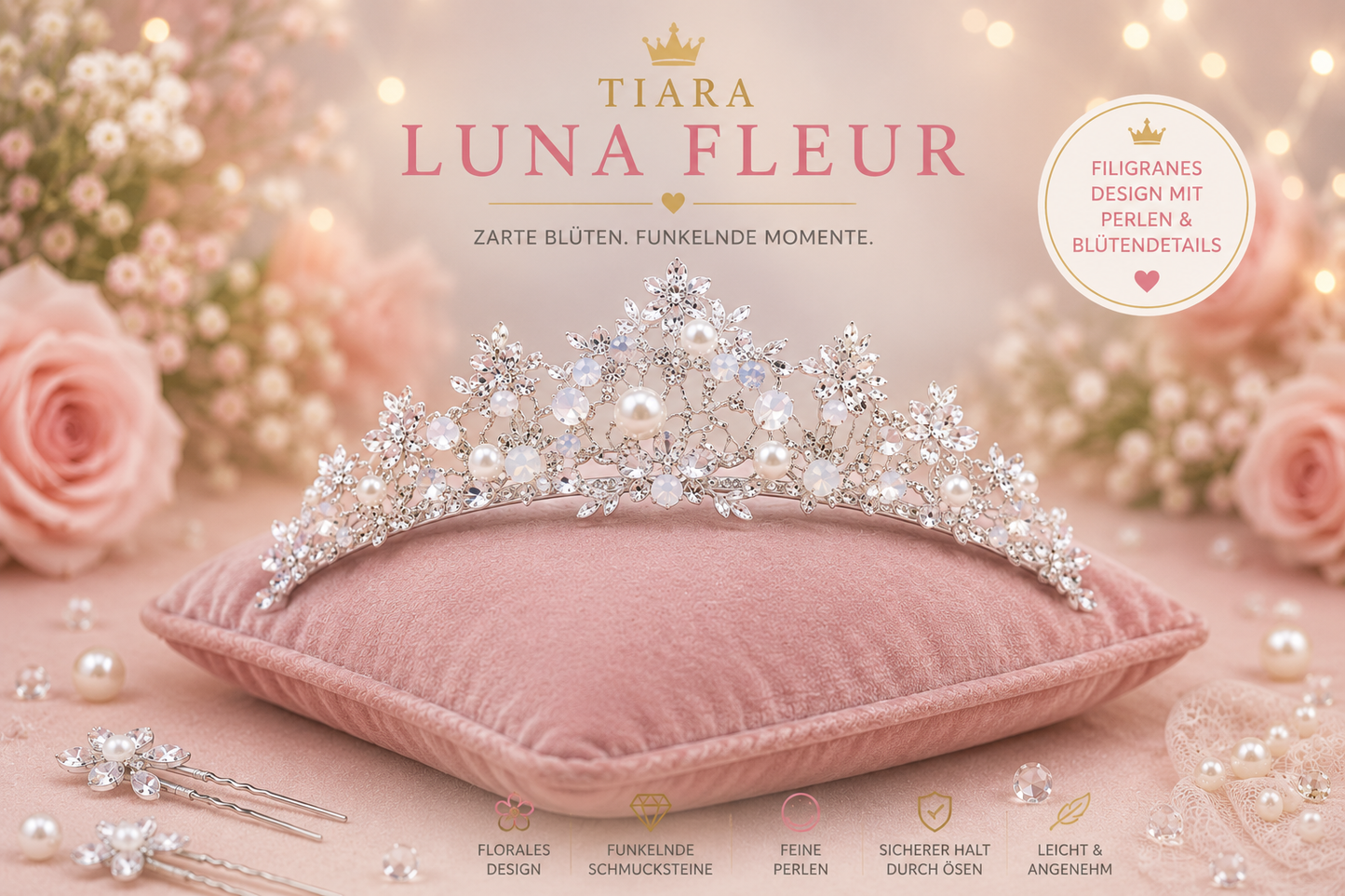 Tiara Luna Fleur – Elegante Prinzessinnen Krone mit Blüten und Perlen