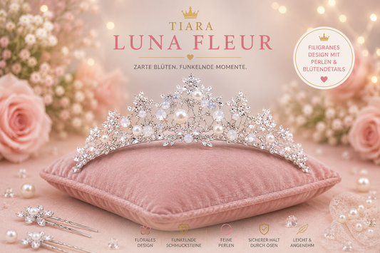 Tiara Luna Fleur – Elegante Prinzessinnen Krone mit Blüten und Perlen
