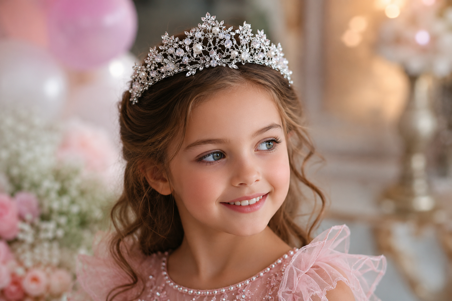 Tiara Luna Fleur – Elegante Prinzessinnen Krone mit Blüten und Perlen