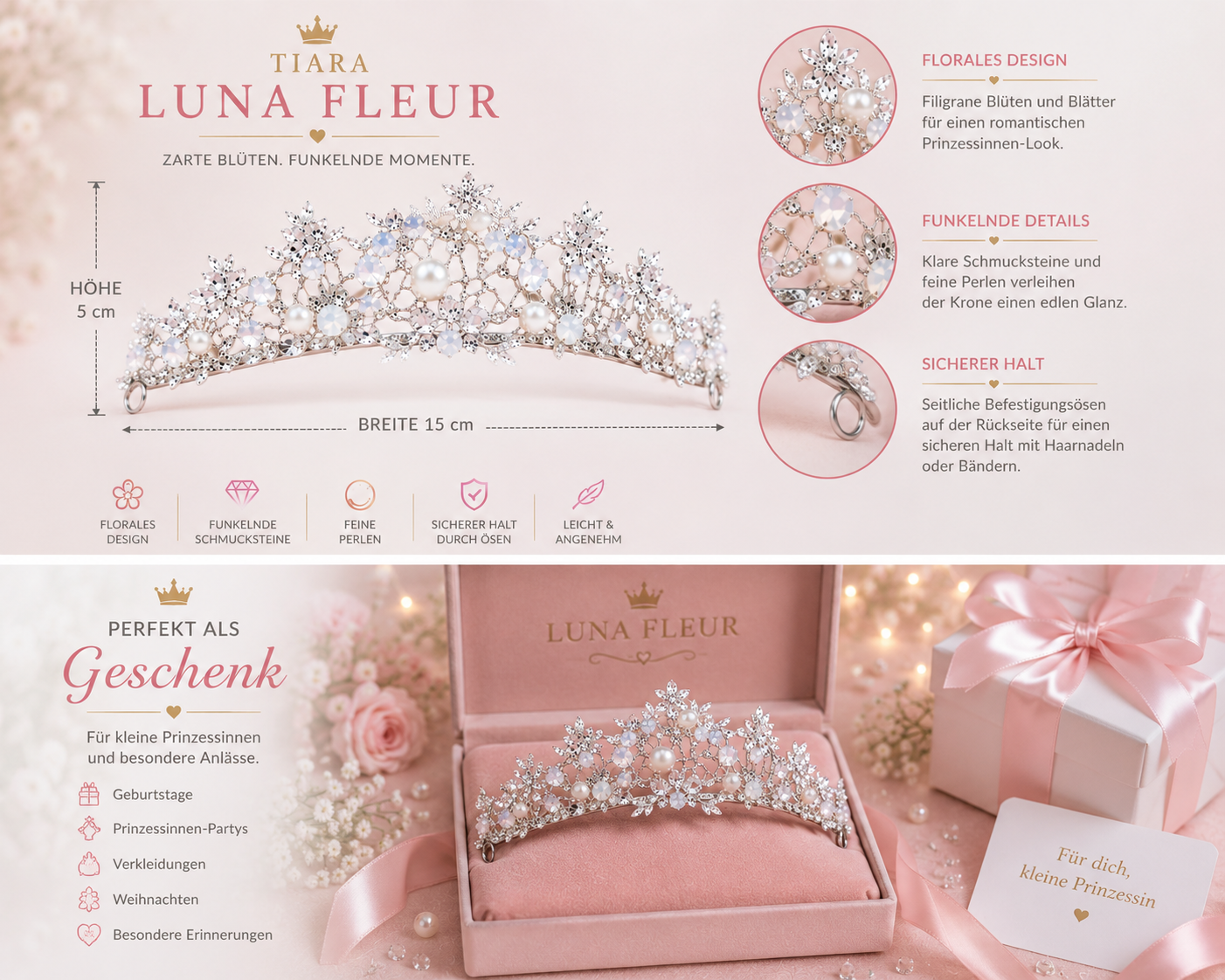 Tiara Luna Fleur – Elegante Prinzessinnen Krone mit Blüten und Perlen