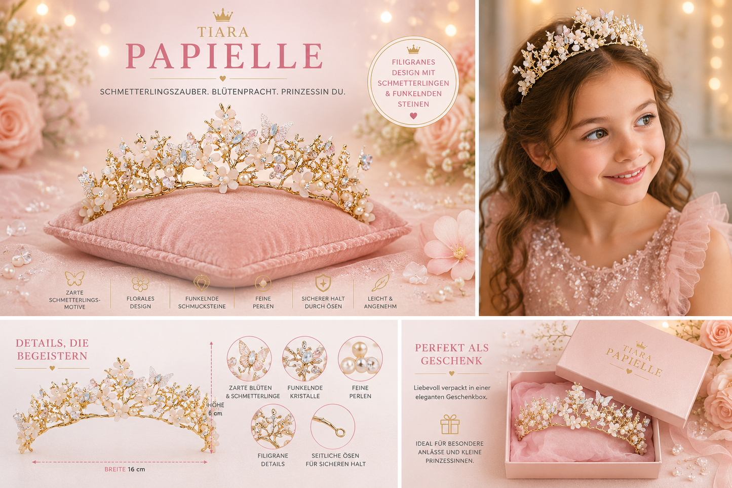 Tiara Papielle goldene Prinzessinnen Krone mit Schmetterlingen und Blüten in Goldoptik