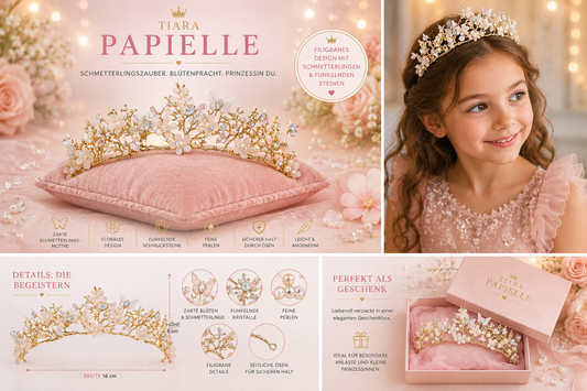 Tiara Papielle goldene Prinzessinnen Krone mit Schmetterlingen und Blüten in Goldoptik