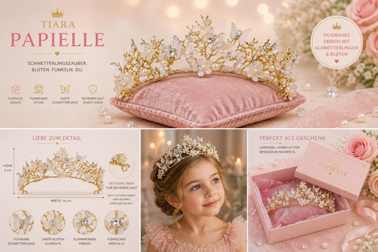 Tiara Papielle Detailansicht – filigrane Schmetterlingsmotive und funkelnde Schmucksteine