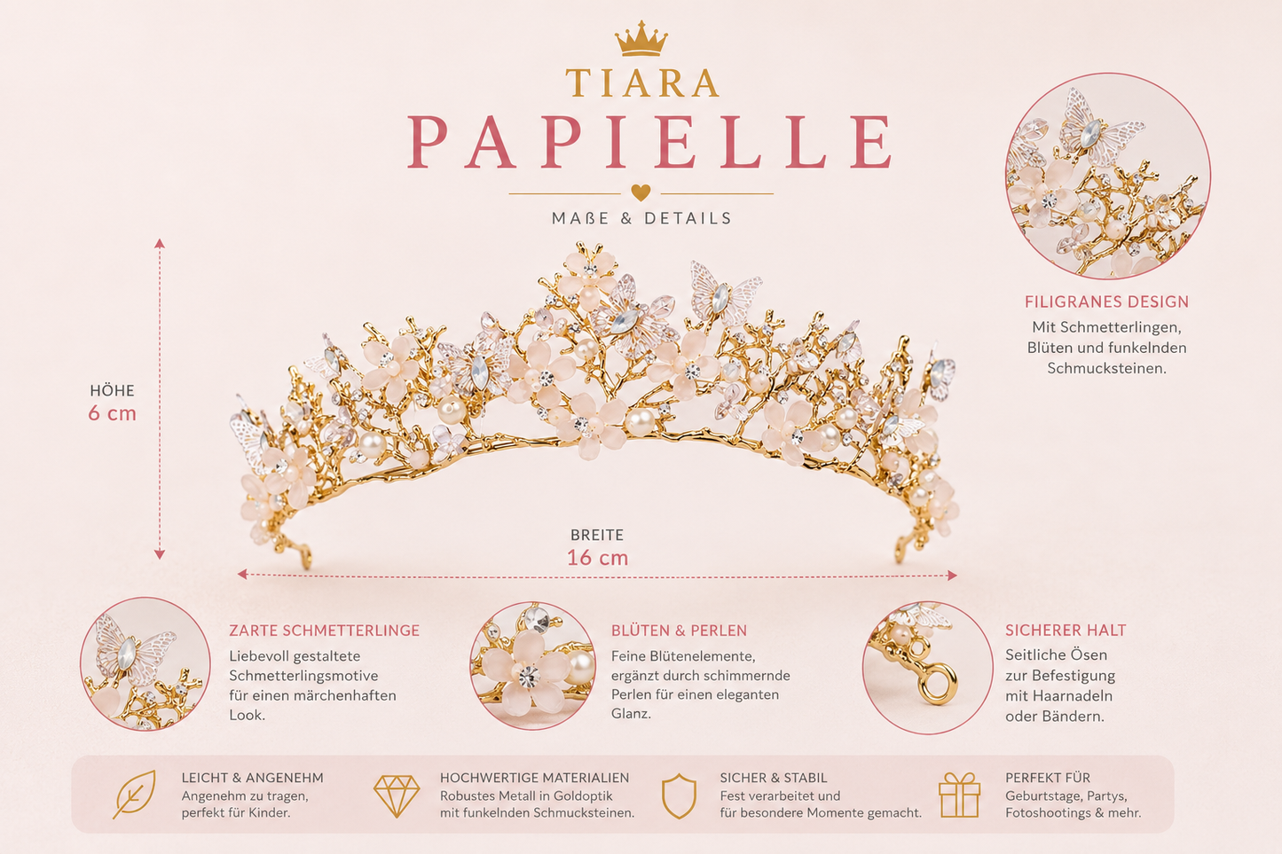 Tiara Papielle Prinzessinnen Krone in Goldoptik – Geschenkidee für Kindergeburtstage