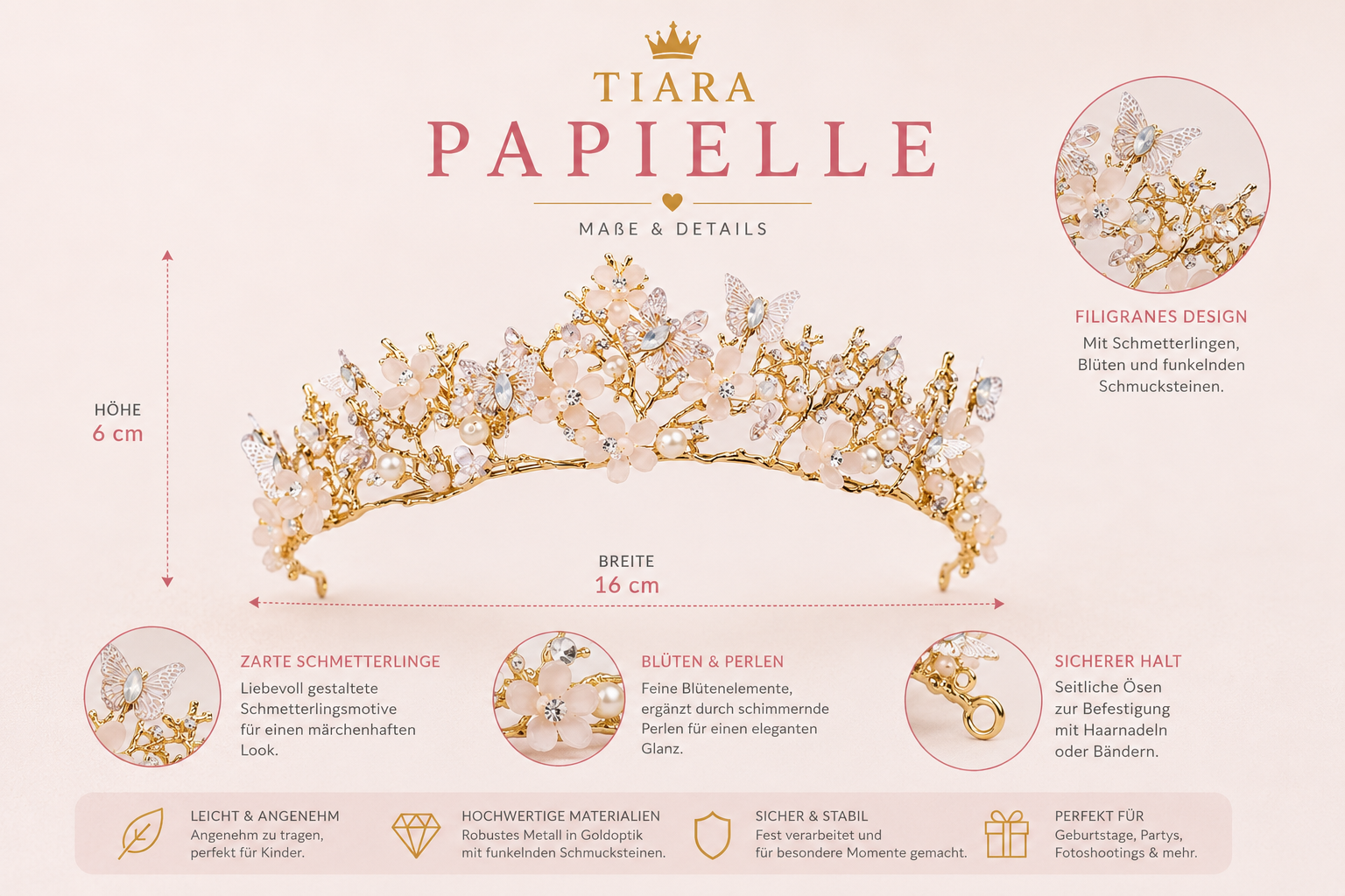 Tiara Papielle Prinzessinnen Krone in Goldoptik – Geschenkidee für Kindergeburtstage
