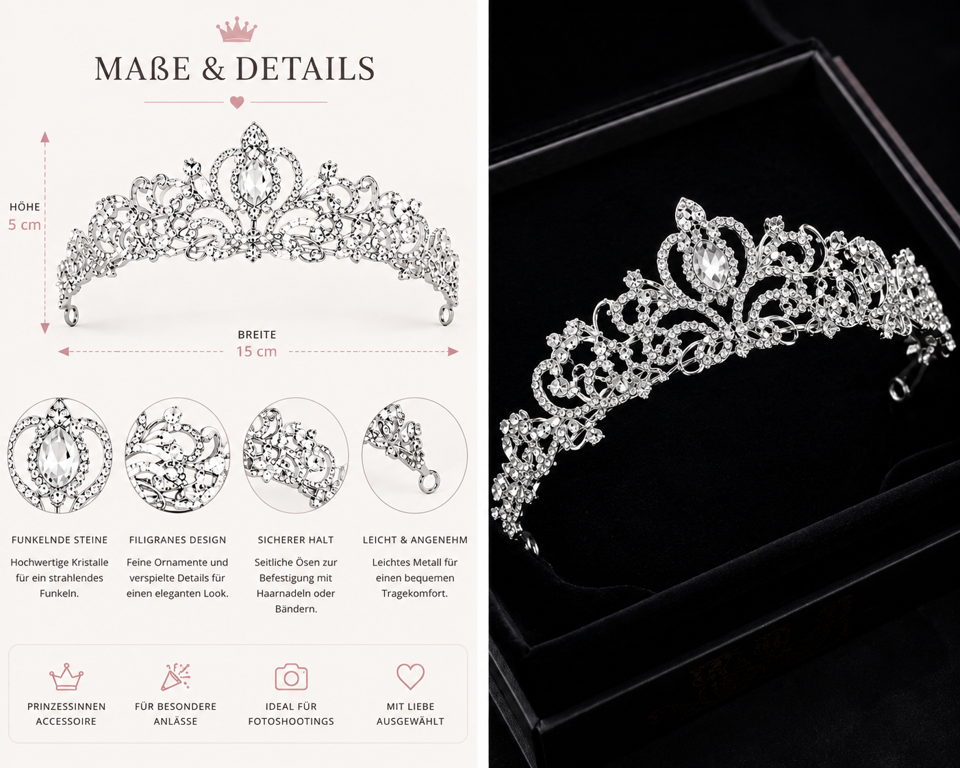 Tiara Celestia Maße & Details – Höhe 5 cm, Breite 15 cm, funkelnde Kristalle, filigranes Design, seitliche Ösen