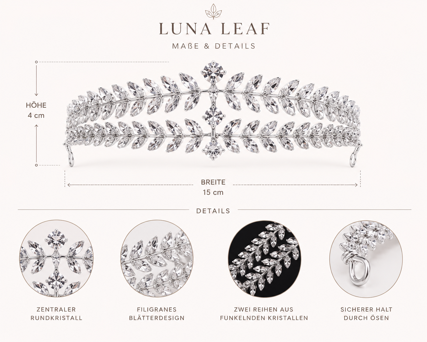 Tiara Luna Leaf – Maße und Details der Kristallkrone