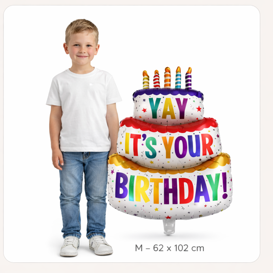 Geburtstagstorte Folienballon – Größe M 62x102 cm, bunt mit Happy Birthday Schriftzug