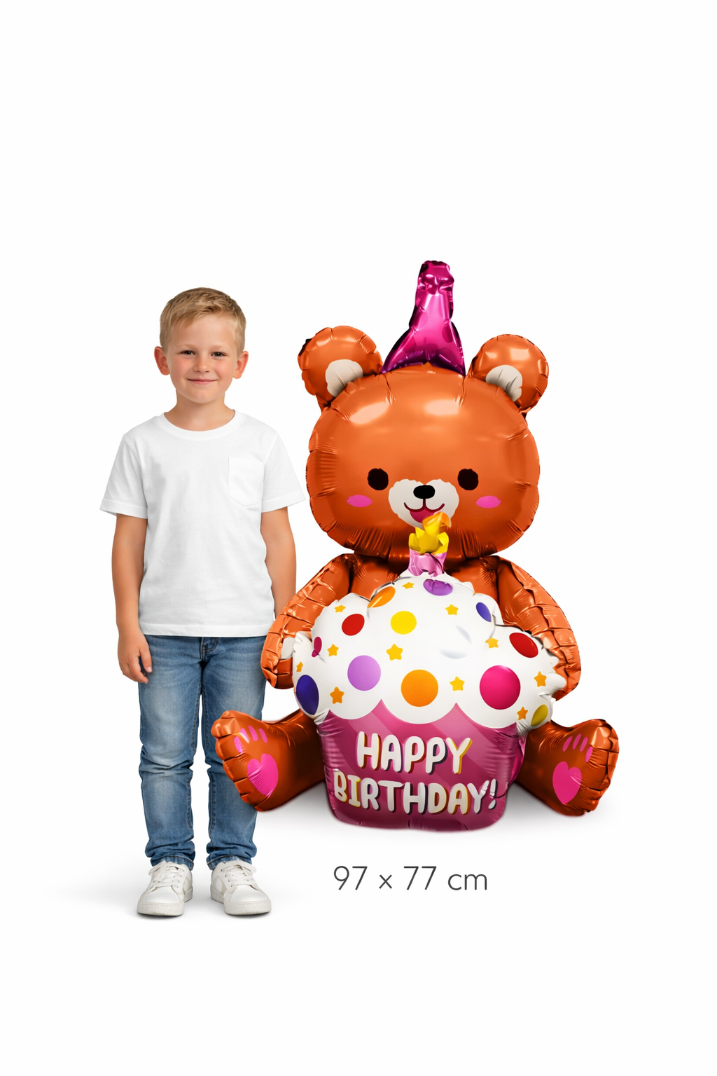 Teddybär Happy Birthday Folienballon – Größenvergleich mit Kind, 97x77 cm