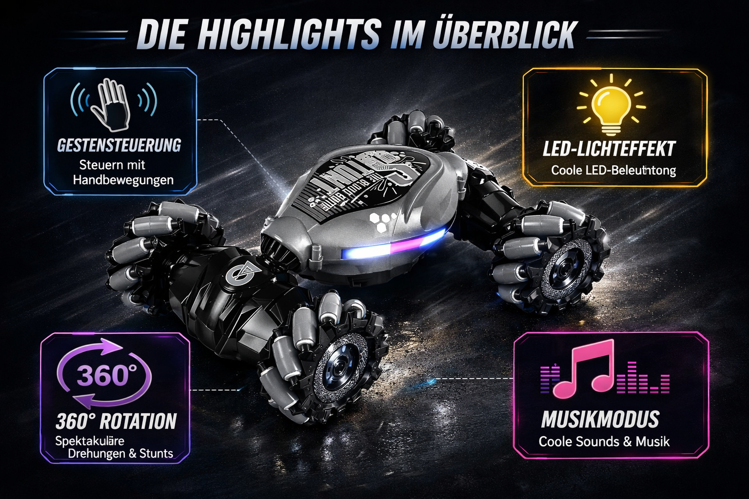 FunWheelz RC Stuntauto mit 360° Rotation, Musikmodus, LED-Lichteffekten und Gestensteuerung